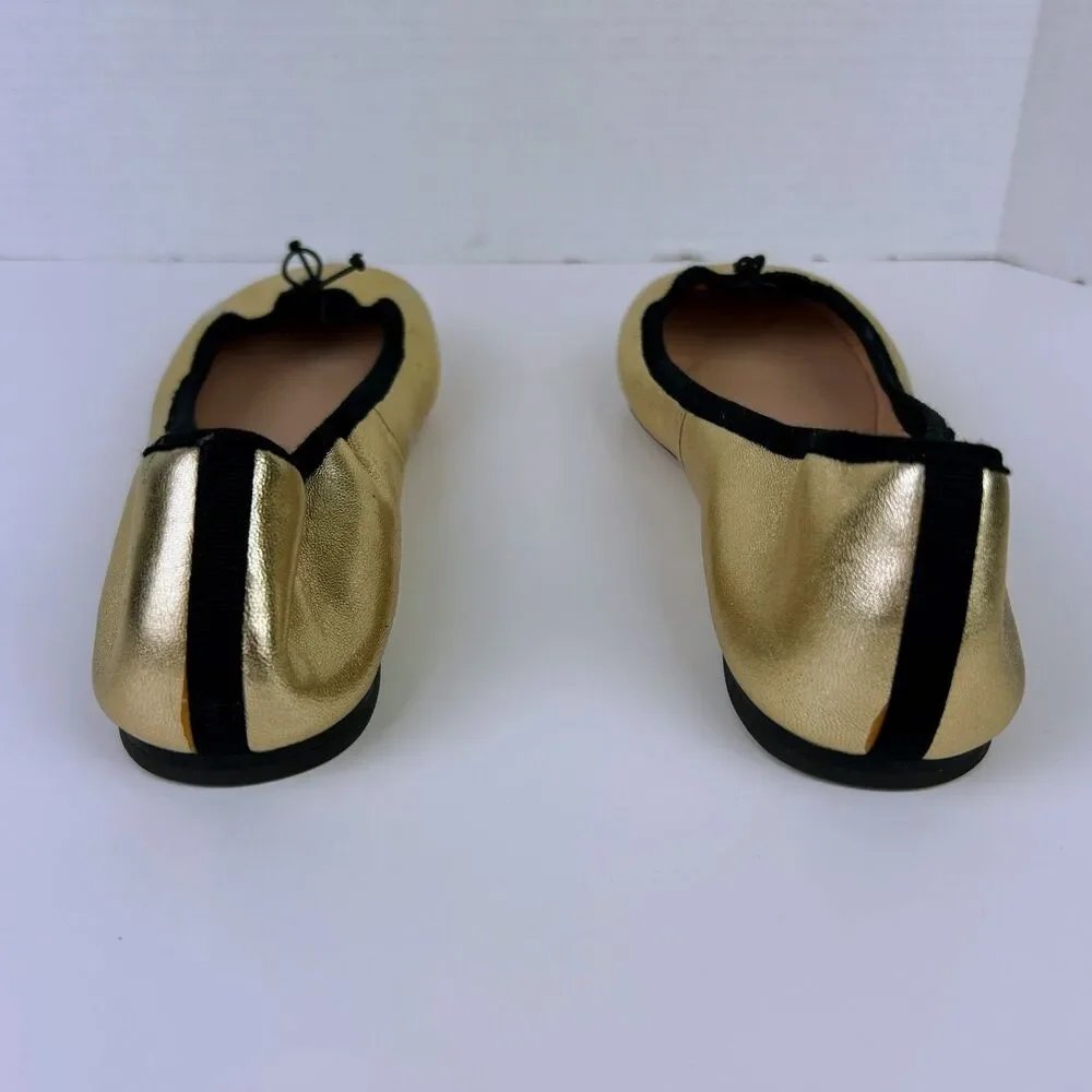 J. Crew Elvie Gold Metallic Ballet Flats Leather Almond Toe Shoes Black Trim 7.5